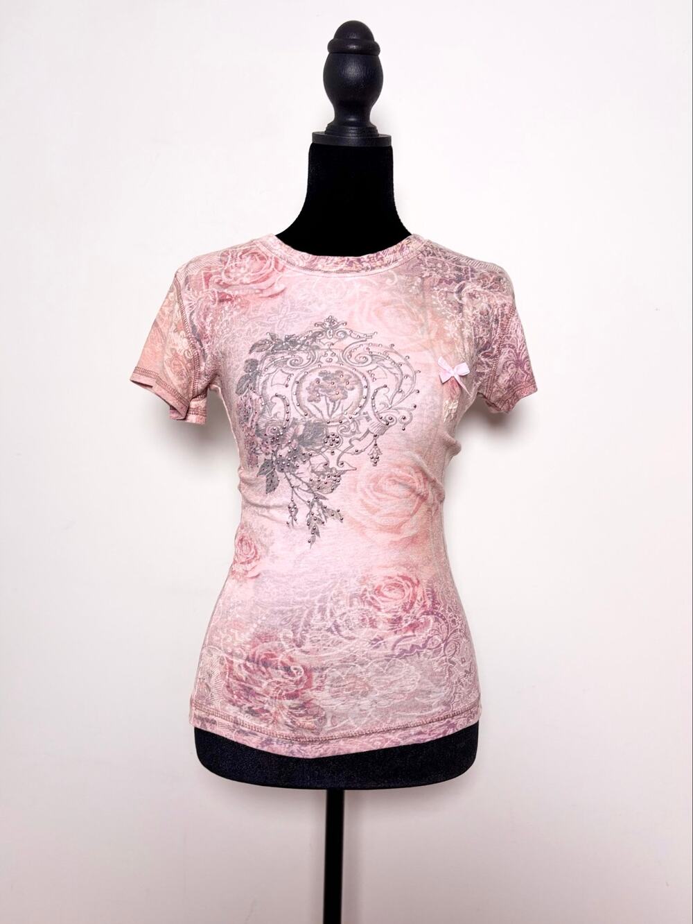 Vtg Y2K Apt 9 Pink Rose Toile Print Bow Applique Fitted Baby Tee Tailored Sz S